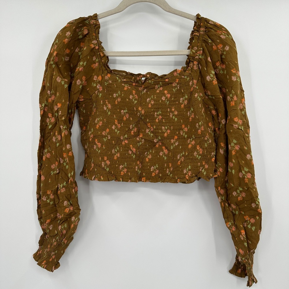 Aerie Brown Floral Smocked Crop Top Long Puff Sleeve Square Neck Womens M